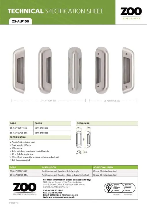Zoo Hardware ZS-ALP100BF-SSS Anti Ligature Pull Handle 100mm CTC (150mm) Bolt Fix - Satin St. Steel