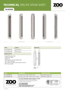 Zoo Hardware ZS-ALP250BF-SSS Anti Ligature Pull Handle 250mm CTC (280mm) Bolt Fix - Satin St. Steel