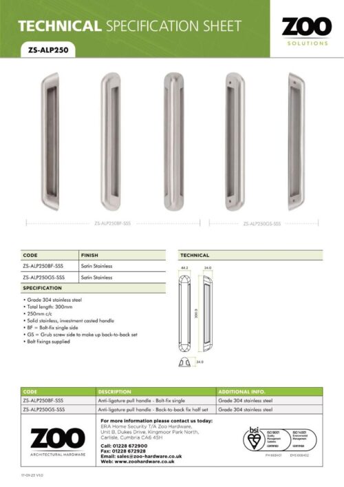 Zoo Hardware ZS-ALP250BF-SSS Anti Ligature Pull Handle 250mm CTC (280mm) Bolt Fix - Satin St. Steel