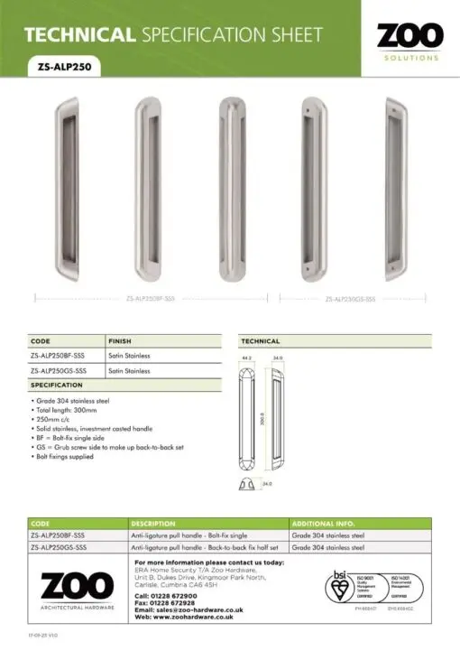 Zoo Hardware ZS-ALP250GS-SSS Anti Ligature Pull Handle 250mm CTC (280mm) Back to Back Fix - Satin St. Steel - Half Set