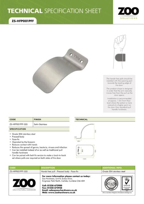 Zoo Hardware ZS-HFP001PFF-SSS Hands Free Pull Face Fixed Side - Pressed Body Satin Stainless Steel
