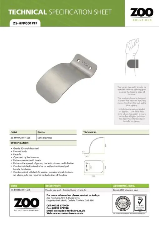 Zoo Hardware ZS-HFP001PFF-SSS Hands Free Pull Face Fixed Side - Pressed Body Satin Stainless Steel