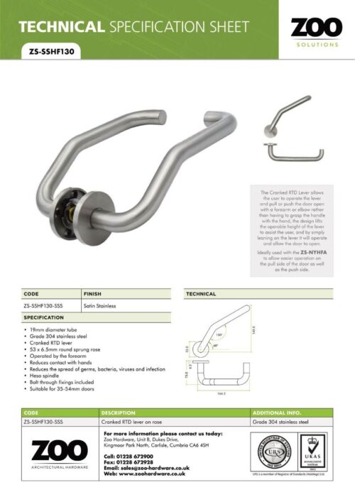 Zoo Hardware ZS-SSHF130-SSS Cranked Return To Door Door Handle on 53mm x 6.5mm Sprung Rose Satin Stainless Steel