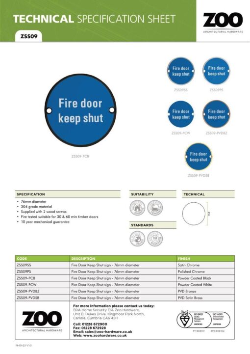 Zoo Hardware ZSS09-PVDBZ Signage - Fire Door Keep Shut - 76mm dia PVD Bronze