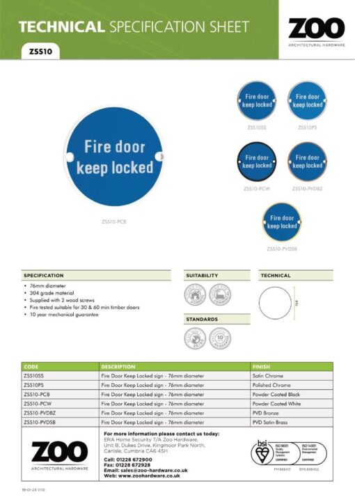 Zoo Hardware ZSS10-PVDBZ Signage - Fire Door Keep Locked - 76mm dia PVD Bronze