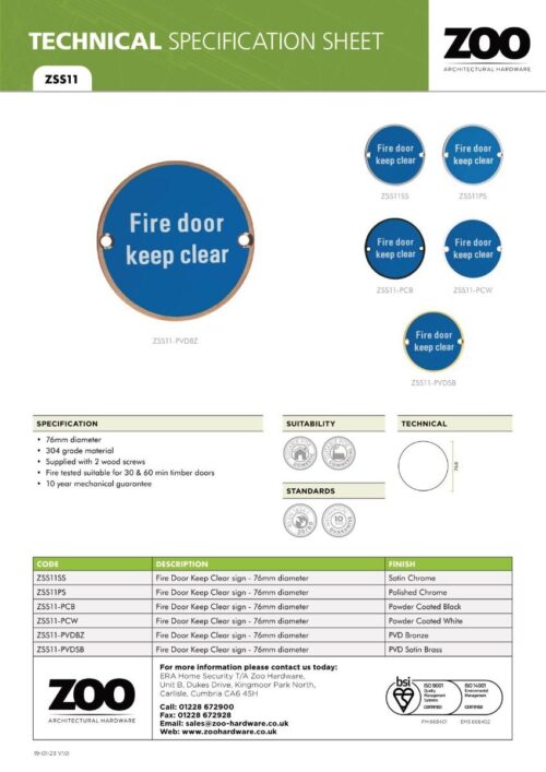 Zoo Hardware ZSS11-PCW Signage - Fire Door Keep Clear - 76mm dia Powder Coated Matt White