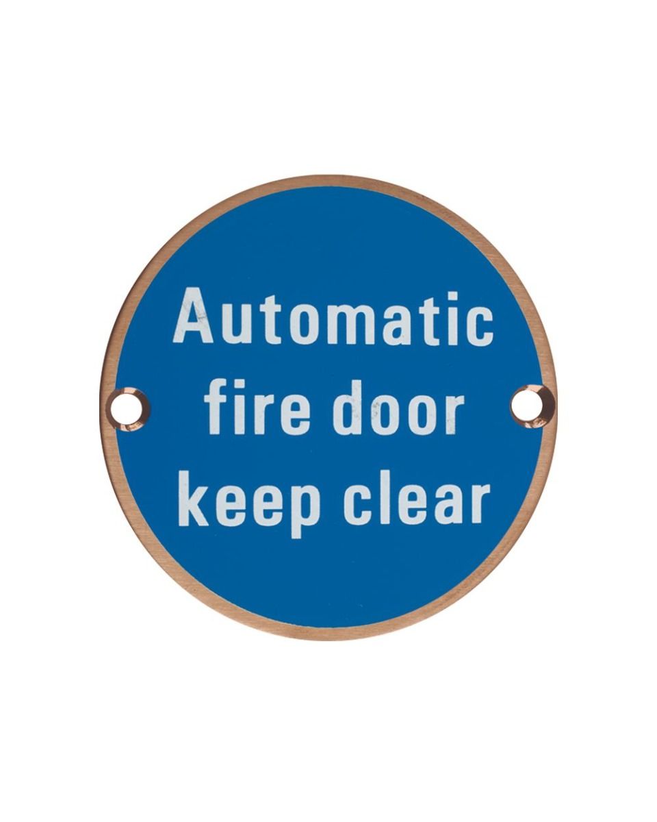 Zoo Hardware ZSS12-PVDBZ Signage - Automatic Fire Door Keep Clear - 76mm dia PVD Bronze