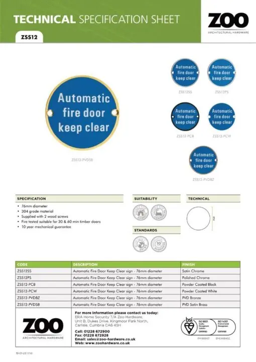 Zoo Hardware ZSS12-PVDSB Signage - Automatic Fire Door Keep Clear - 76mm dia PVD Satin Brass