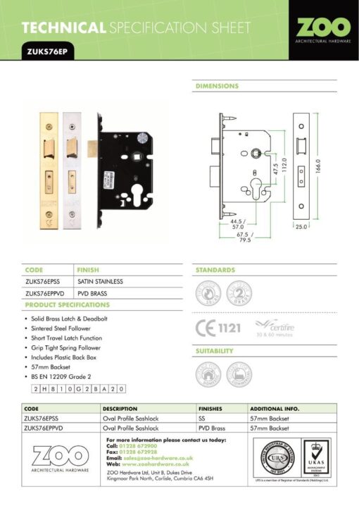 Zoo Hardware ZUKS76EPPCB Euro Profile Sash Lock - 76mm C/W Forend and Strike Powder Coated Black