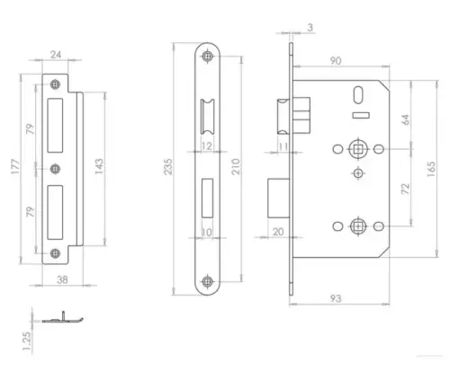 Architectural 72mm Din Bathroom Locks