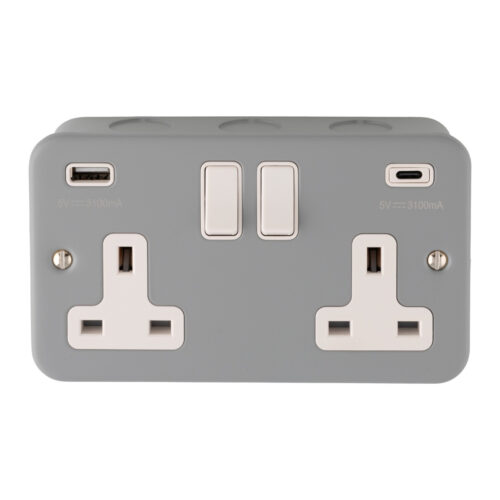 Metal Clad 13A 2 Gang Switched Socket With USB Outlets (1xType A 1xType C)